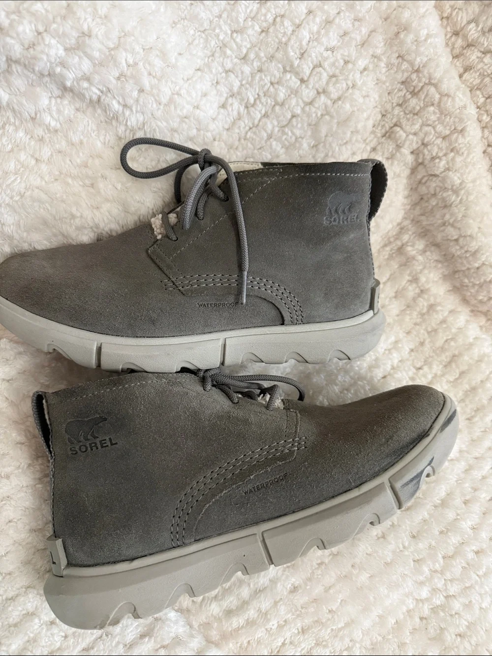 Women’s 8 Sorel Gray Suede Explorer Ankle Boot fleece lined Waterproof Outsole’s